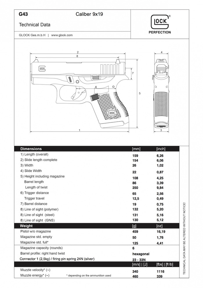 Glock 43 technical data